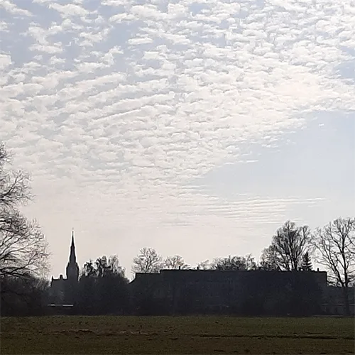 Weitläufige Grünfläche mit Blick auf Gebäude und Kirchturm unter strukturierter Wolkendecke