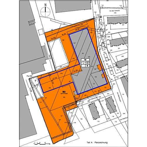 Lageplan mit farblich markiertem Geltungsbereich und geplanter Bebauung innerhalb eines Grundstücks