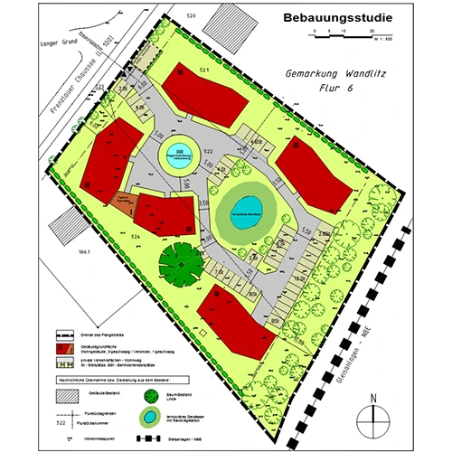 Bebauungsstudie mit Anordnung mehrerer Gebäude, Erschließung und Grünflächen innerhalb eines Quartiers